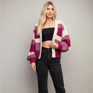 Plum Color Blocked Striped Knit Open Front Cardigan