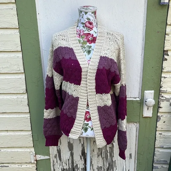 Plum Color Blocked Striped Knit Open Front Cardigan