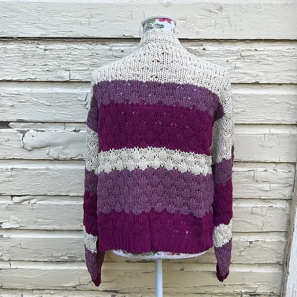 Plum Color Blocked Striped Knit Open Front Cardigan