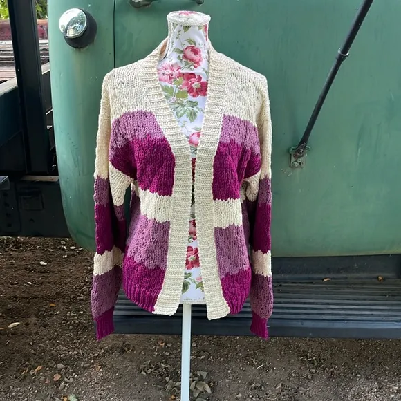 Plum Color Blocked Striped Knit Open Front Cardigan