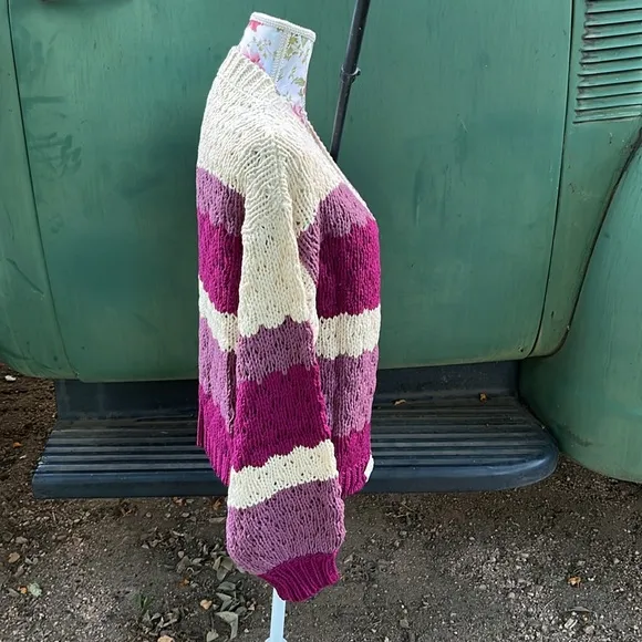 Plum Color Blocked Striped Knit Open Front Cardigan