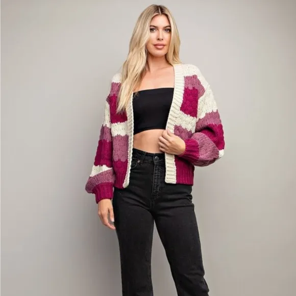 Plum Color Blocked Striped Knit Open Front Cardigan