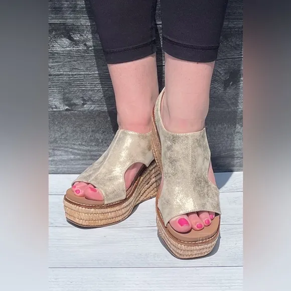 Popular! Corkys Footwear Freddie Espadrille Wedge Sandal Gold Washed Metallic