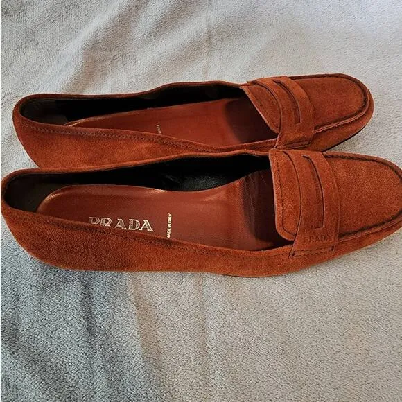 Prada Burnt Orange Suede Penny Loafers size 37.5 / US 7.5
