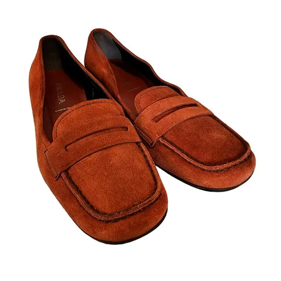 Prada Burnt Orange Suede Penny Loafers size 37.5 / US 7.5