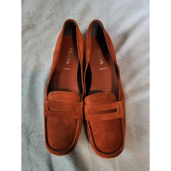 Prada Burnt Orange Suede Penny Loafers size 37.5 / US 7.5