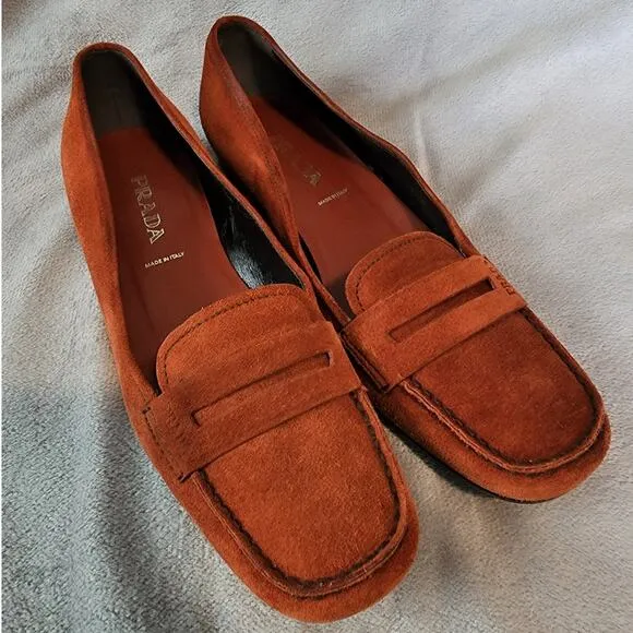 Prada Burnt Orange Suede Penny Loafers size 37.5 / US 7.5