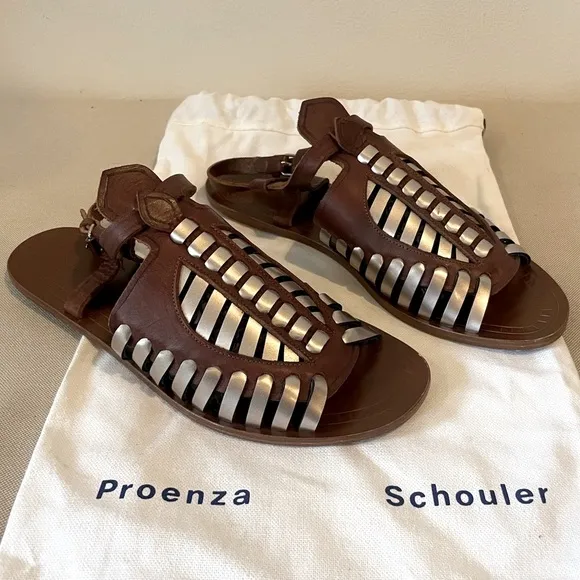 Proenza Schouler brown silver sandals gladiator style size 39 1/2 fits US 9