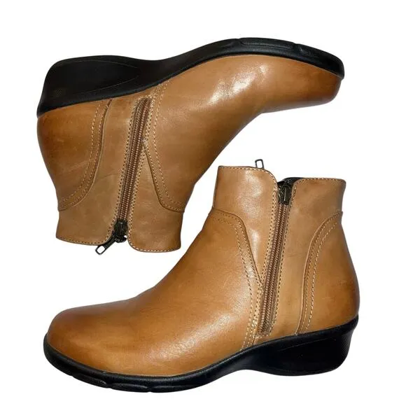 Propet Tan Leather Ankle Booties Side Zip Comfort Boot Women’s 7 X-Wide (2E)