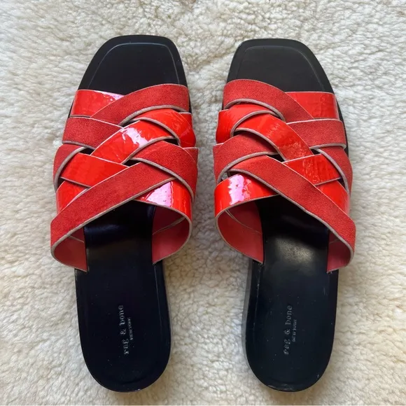 Rag &amp; Bone Women’s Hartley Flat Sandals Sz 37 US 6.5 Red Slides Leather Suede