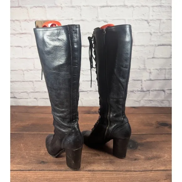 RARE Frye Parker Tall Lace Up Leather Boots  Black Side Zip Sz 9M 3479652-BLK 1A
