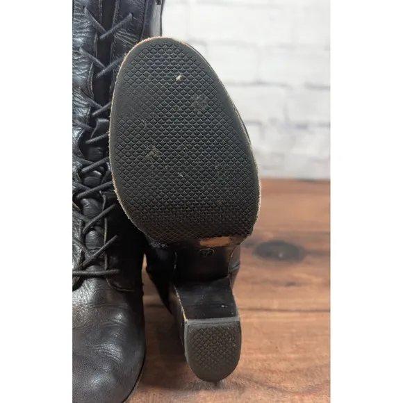 RARE Frye Parker Tall Lace Up Leather Boots  Black Side Zip Sz 9M 3479652-BLK 1A