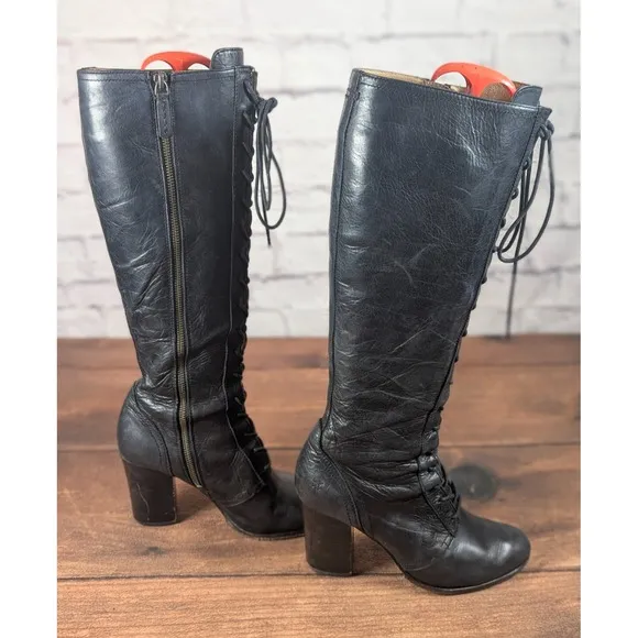 RARE Frye Parker Tall Lace Up Leather Boots  Black Side Zip Sz 9M 3479652-BLK 1A