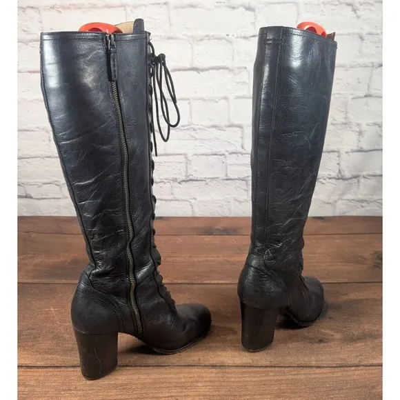 RARE Frye Parker Tall Lace Up Leather Boots  Black Side Zip Sz 9M 3479652-BLK 1A
