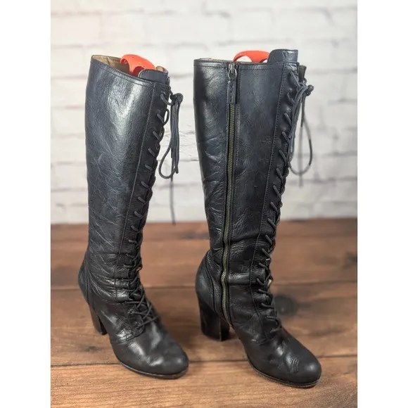 RARE Frye Parker Tall Lace Up Leather Boots  Black Side Zip Sz 9M 3479652-BLK 1A