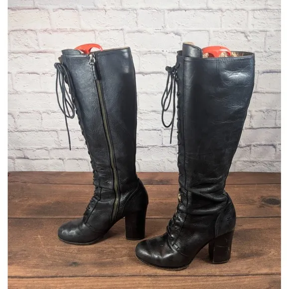 RARE Frye Parker Tall Lace Up Leather Boots  Black Side Zip Sz 9M 3479652-BLK 1A