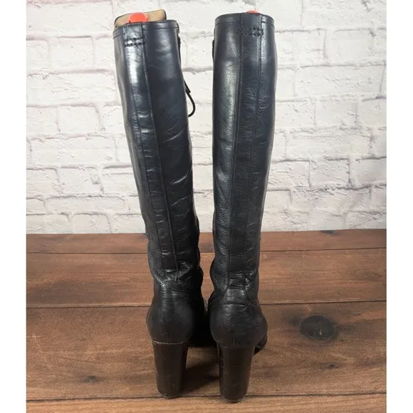 RARE Frye Parker Tall Lace Up Leather Boots  Black Side Zip Sz 9M 3479652-BLK 1A