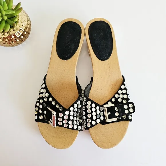 Rare Natural Wood Studded Black Women's Slide Rhinestones Sandals Buckled Mules