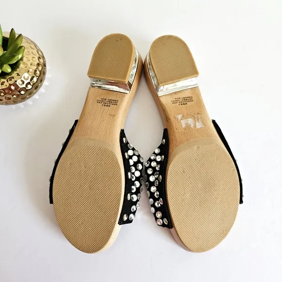 Rare Natural Wood Studded Black Women's Slide Rhinestones Sandals Buckled Mules