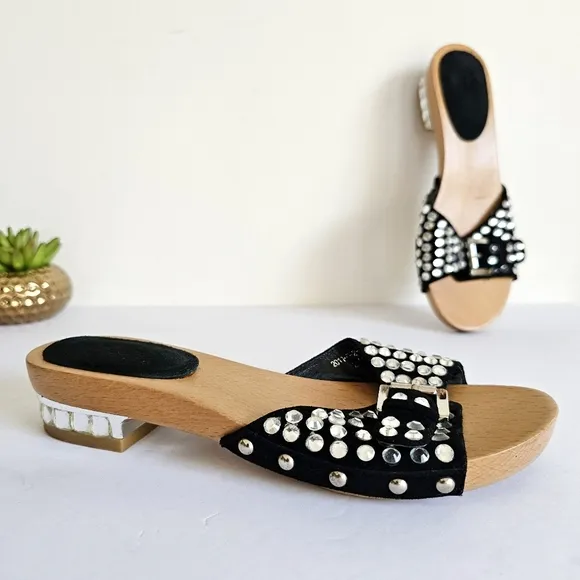 Rare Natural Wood Studded Black Women's Slide Rhinestones Sandals Buckled Mules