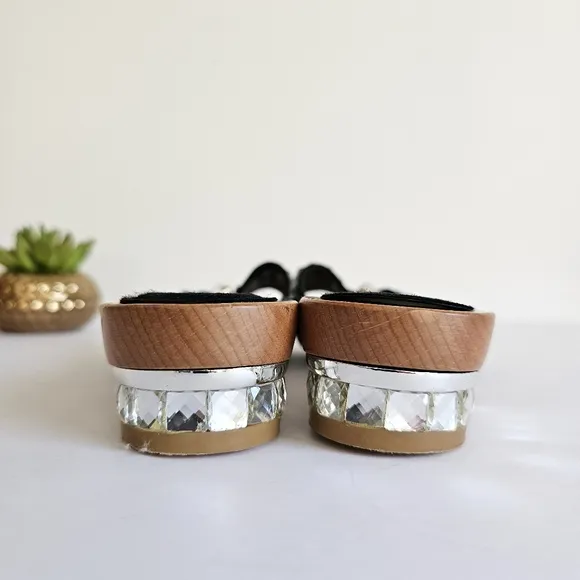 Rare Natural Wood Studded Black Women's Slide Rhinestones Sandals Buckled Mules