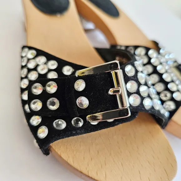 Rare Natural Wood Studded Black Women's Slide Rhinestones Sandals Buckled Mules