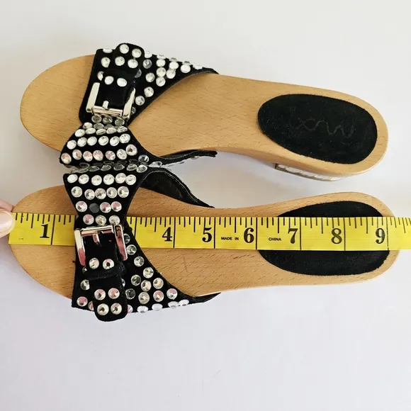 Rare Natural Wood Studded Black Women's Slide Rhinestones Sandals Buckled Mules