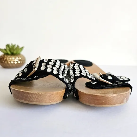 Rare Natural Wood Studded Black Women's Slide Rhinestones Sandals Buckled Mules