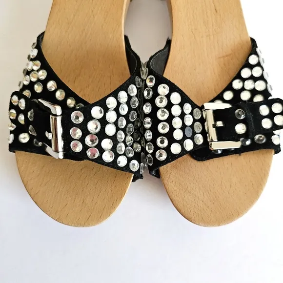 Rare Natural Wood Studded Black Women's Slide Rhinestones Sandals Buckled Mules