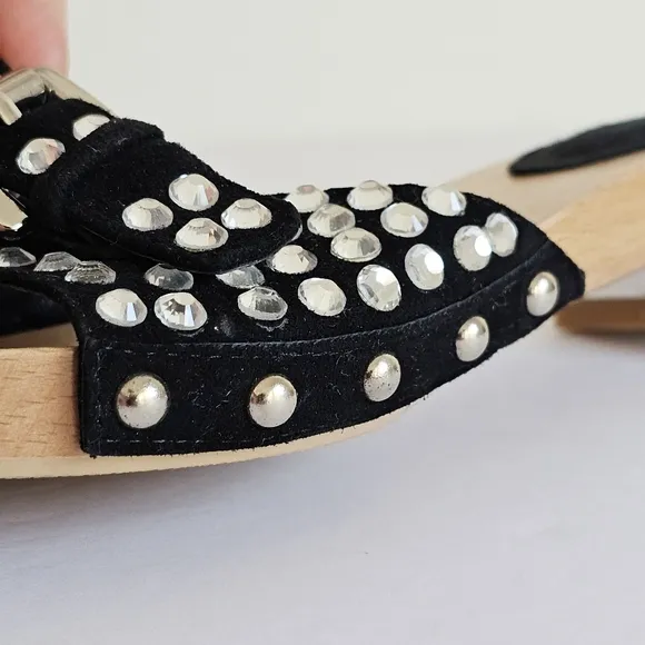 Rare Natural Wood Studded Black Women's Slide Rhinestones Sandals Buckled Mules