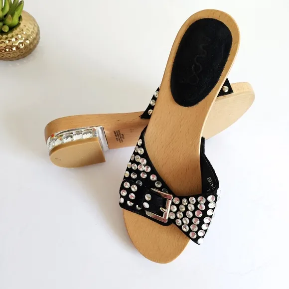 Rare Natural Wood Studded Black Women's Slide Rhinestones Sandals Buckled Mules