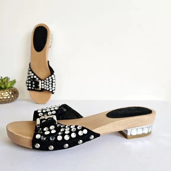 Rare Natural Wood Studded Black Women's Slide Rhinestones Sandals Buckled Mules