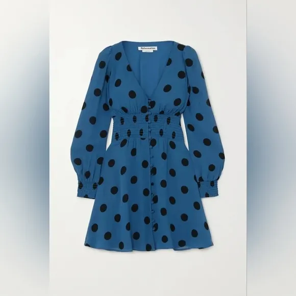 Reformation Shirred Polka-Dot Georgette Mini Dress Size 2