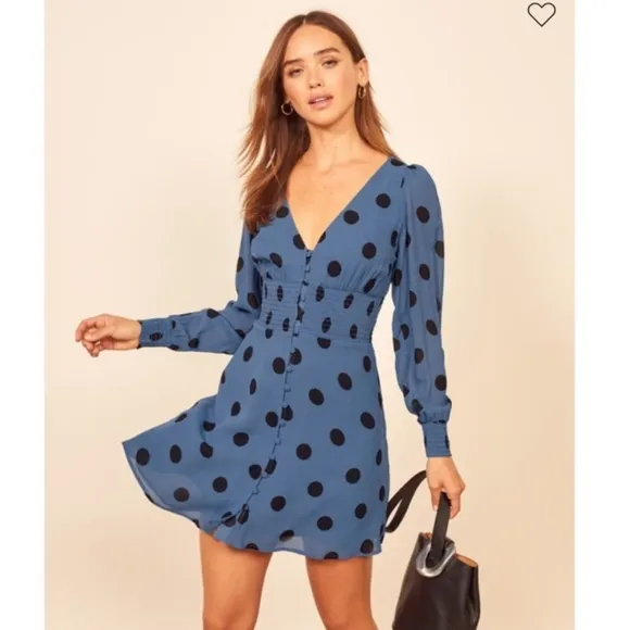 Reformation Shirred Polka-Dot Georgette Mini Dress Size 2