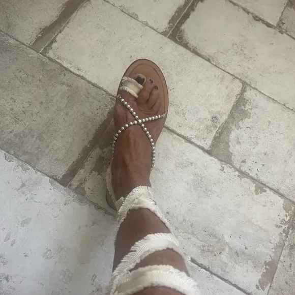 Rene Caovilla Cream and Silver Sandals with Elegant Beading