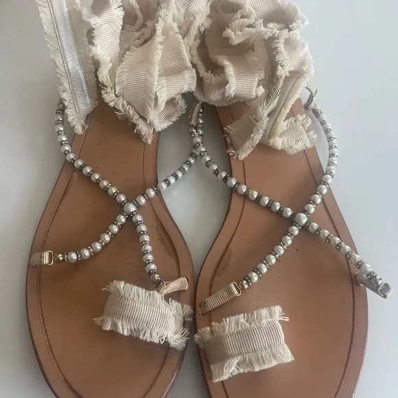 Rene Caovilla Cream and Silver Sandals with Elegant Beading