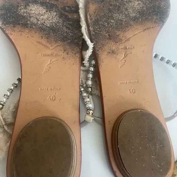 Rene Caovilla Cream and Silver Sandals with Elegant Beading