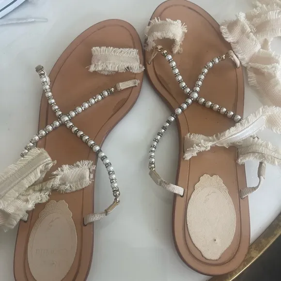 Rene Caovilla Cream and Silver Sandals with Elegant Beading