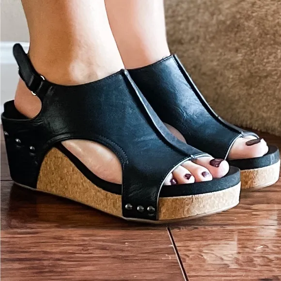RESTOCK! corkys footwear carley wedge sandal in black smooth 30-5316-BKSM