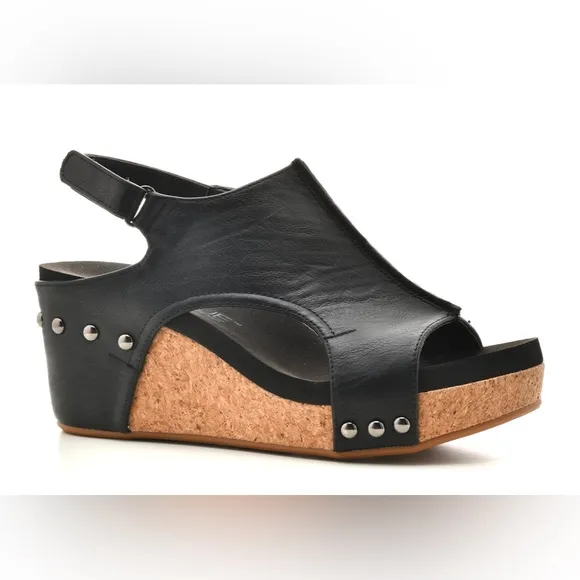 RESTOCK! corkys footwear carley wedge sandal in black smooth 30-5316-BKSM
