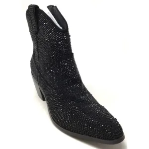 Rhinestone Women's Size 8.5 Black Pointed Toe Chunky Heel Bling Cowboy Boots
