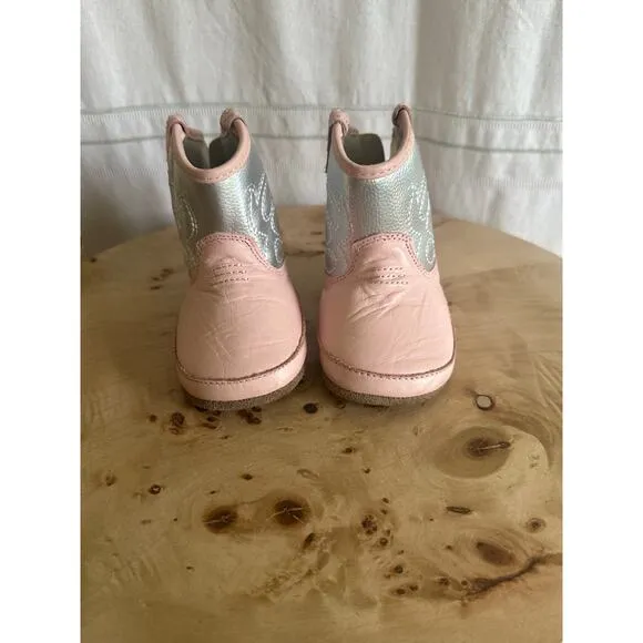 Robeez Baby Girl Cowboy Boots Pink &amp; Silver Leather – Size 12-18 Months