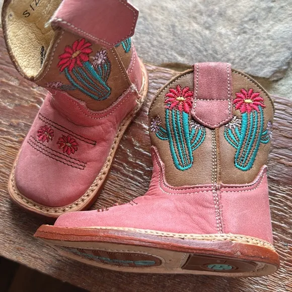 Roper Cowbabies Pink Brown Cactus Baby Embroidered Cowboy Boots Sz 1