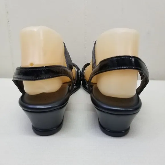 SAS 8N Black Patent Leather Sandals Open Toe Tripad Comfort Wedge STRIPPY
