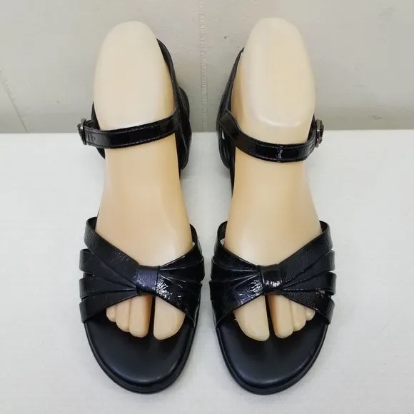 SAS 8N Black Patent Leather Sandals Open Toe Tripad Comfort Wedge STRIPPY