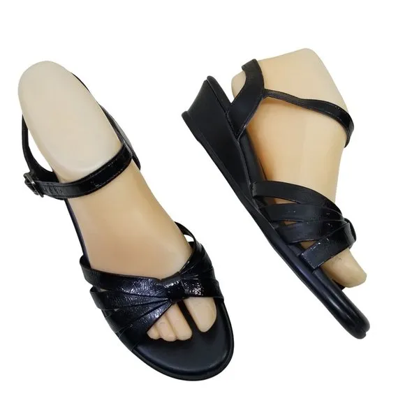 SAS 8N Black Patent Leather Sandals Open Toe Tripad Comfort Wedge STRIPPY