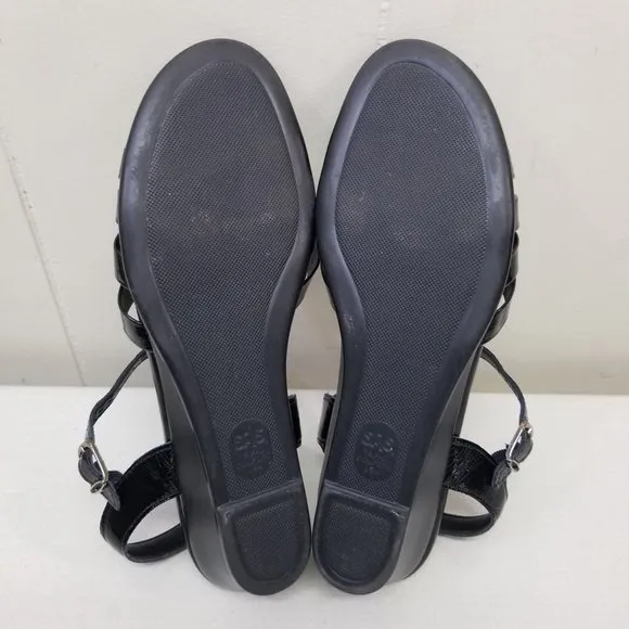 SAS 8N Black Patent Leather Sandals Open Toe Tripad Comfort Wedge STRIPPY