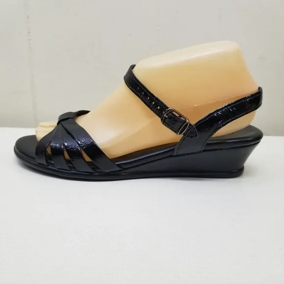 SAS 8N Black Patent Leather Sandals Open Toe Tripad Comfort Wedge STRIPPY