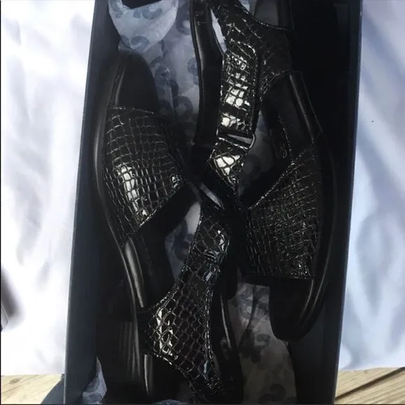 SAS CROC BLACK LEATHER SANDALS.  NEW IN BO…