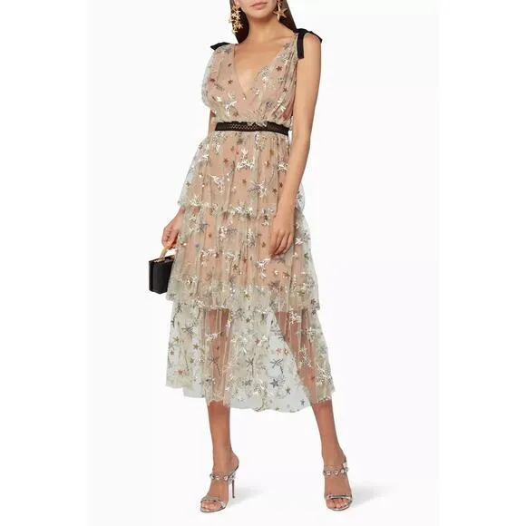 Self Portrait Star Mesh Midi Dress - 8 - Beige